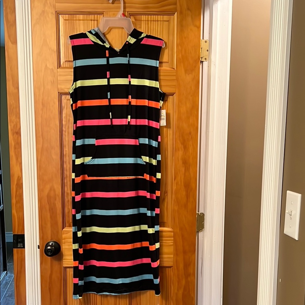 Colorful Striped Maxi Dress, hooded, front pocket